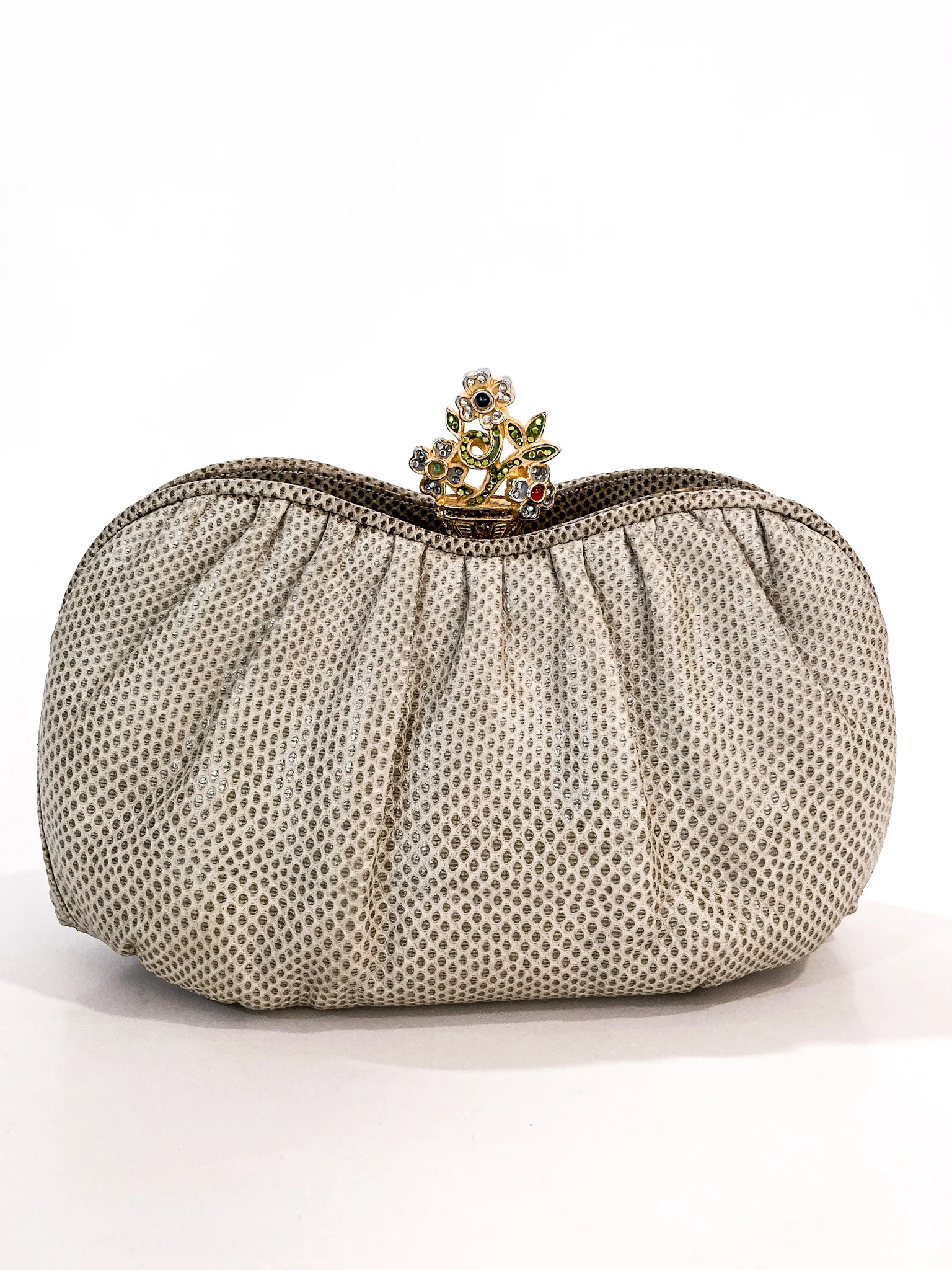 Vintage Judith Leiber Champagne Snakeskin Floral Clasp Crossbody Clutch Bag - Image 23