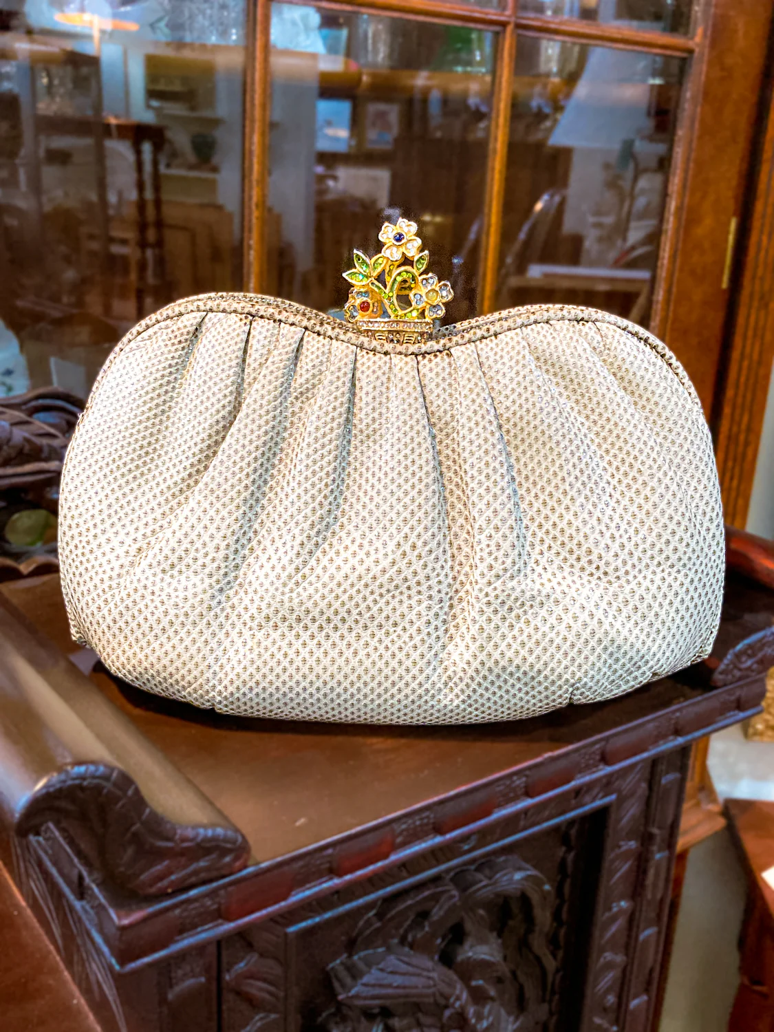 Vintage Judith Leiber Champagne Snakeskin Floral Clasp Crossbody Clutch Bag - Image 7