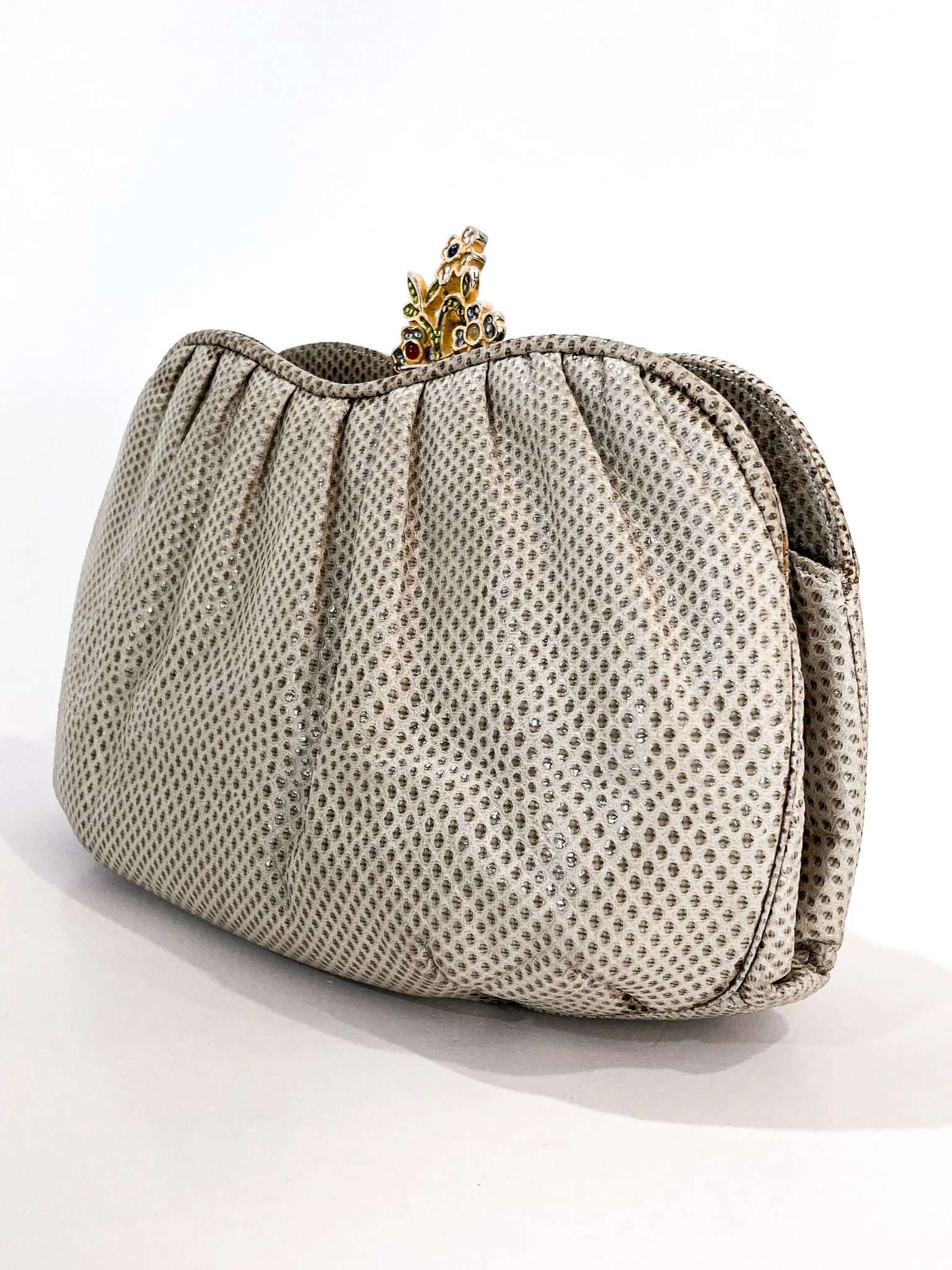 Vintage Judith Leiber Champagne Snakeskin Floral Clasp Crossbody Clutch Bag - Image 9