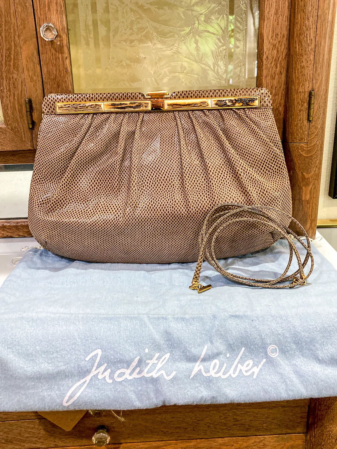 Vintage Judith Leiber Horn Lizard Leather Beige Handbag Clutch Crossbody Purse - Image 6