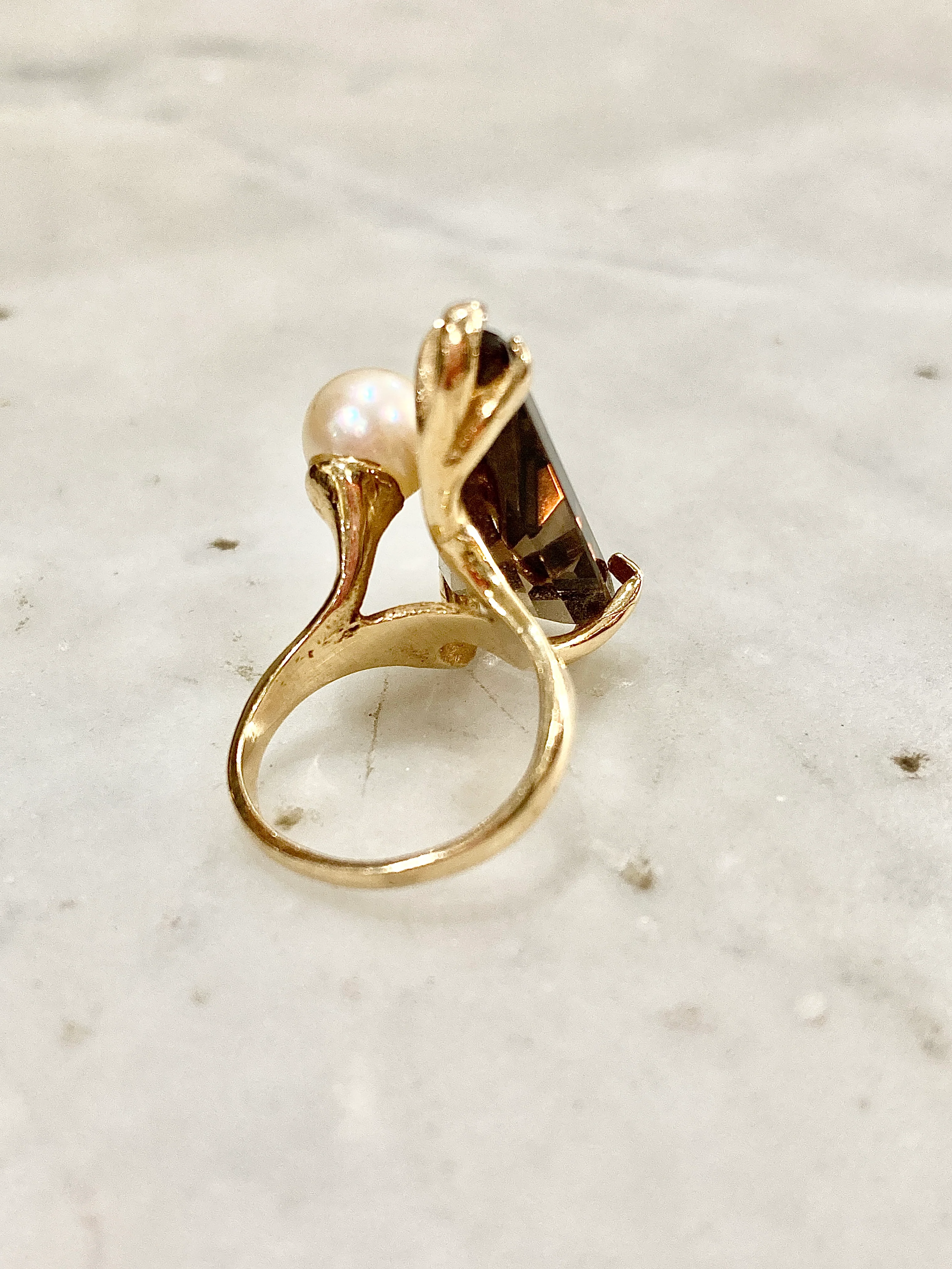 Vintage MCM 14K Yellow Gold Smokey Topaz Cultured Pearl Abstract Ring - Image 10