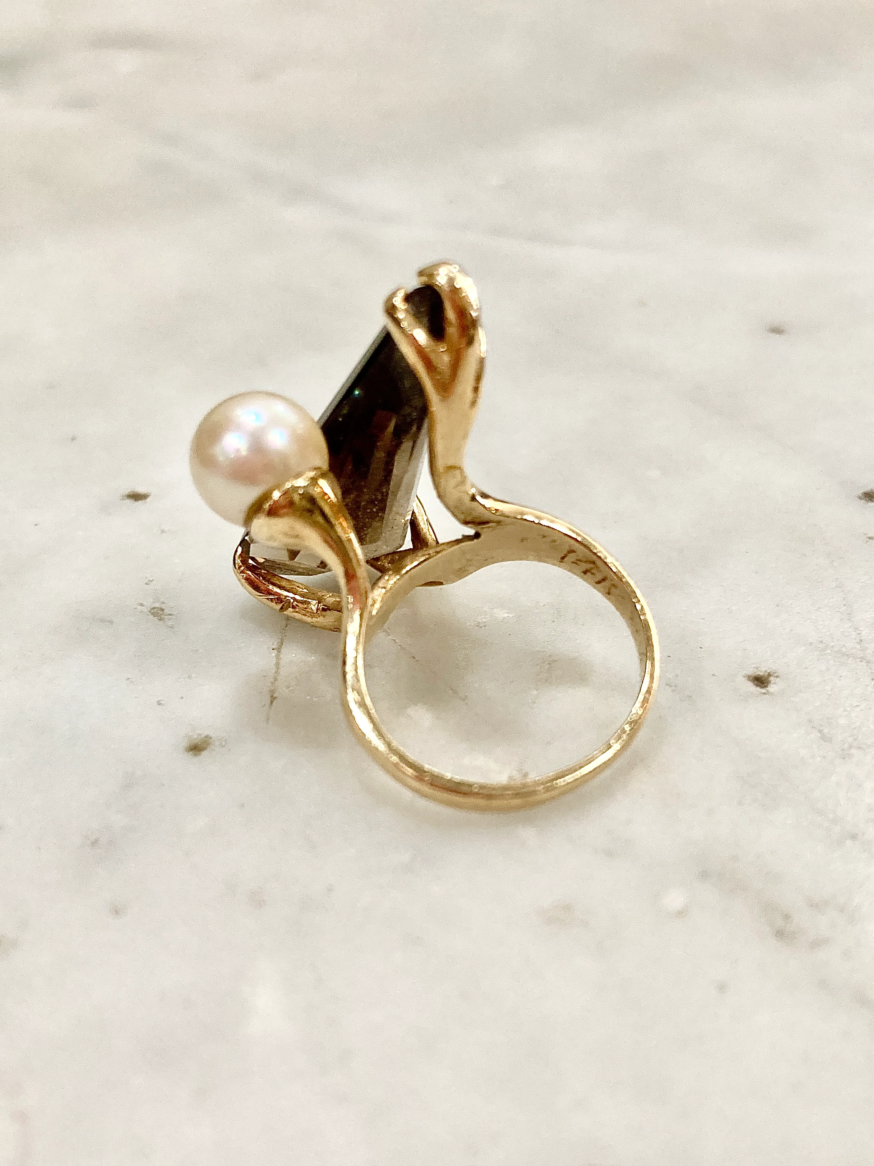 Vintage MCM 14K Yellow Gold Smokey Topaz Cultured Pearl Abstract Ring - Image 11