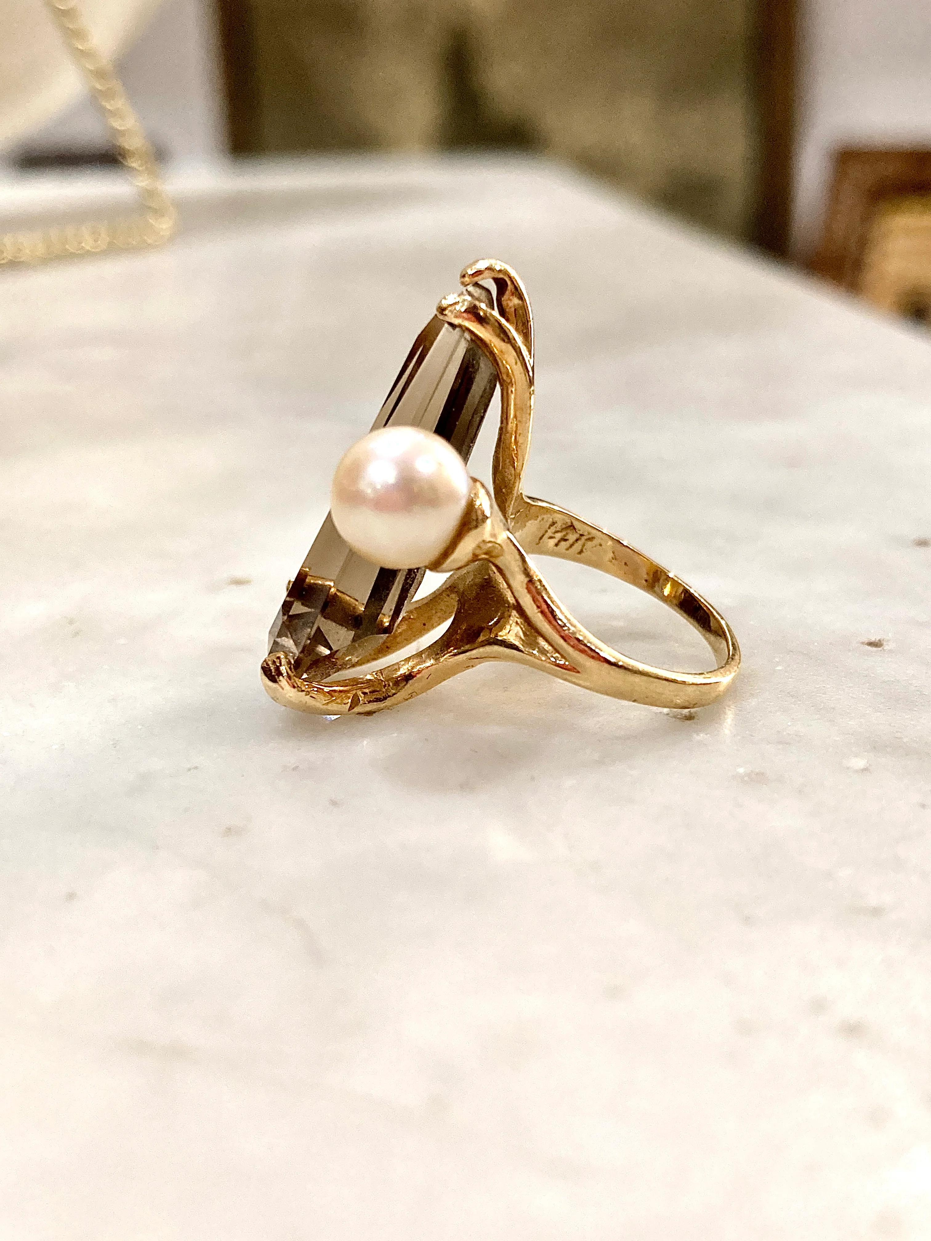 Vintage MCM 14K Yellow Gold Smokey Topaz Cultured Pearl Abstract Ring - Image 12