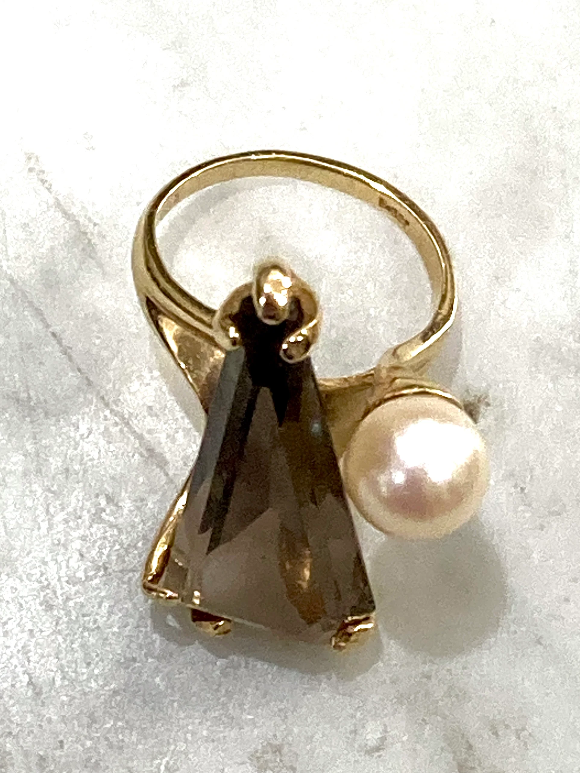 Vintage MCM 14K Yellow Gold Smokey Topaz Cultured Pearl Abstract Ring - Image 14
