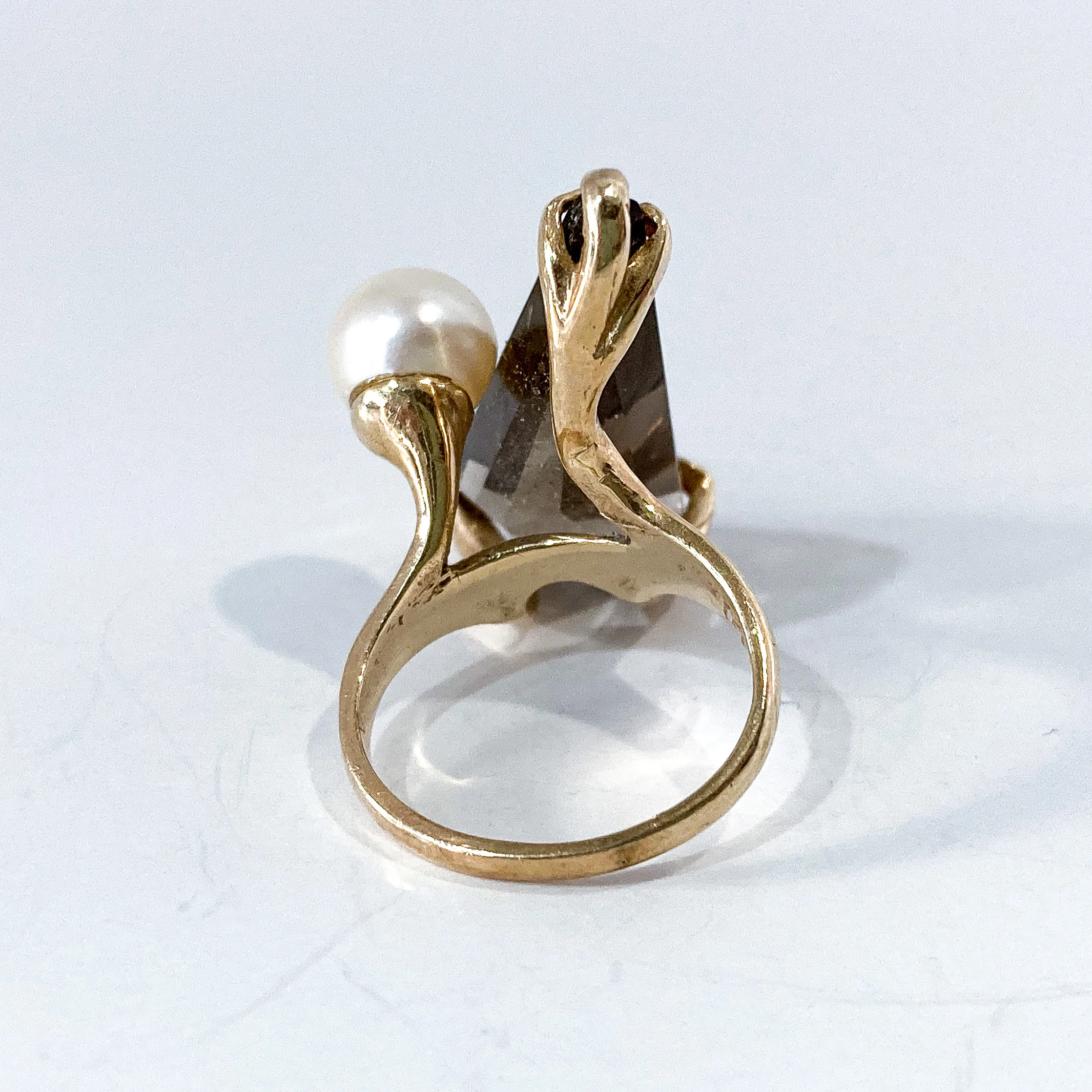 Vintage MCM 14K Yellow Gold Smokey Topaz Cultured Pearl Abstract Ring - Image 16