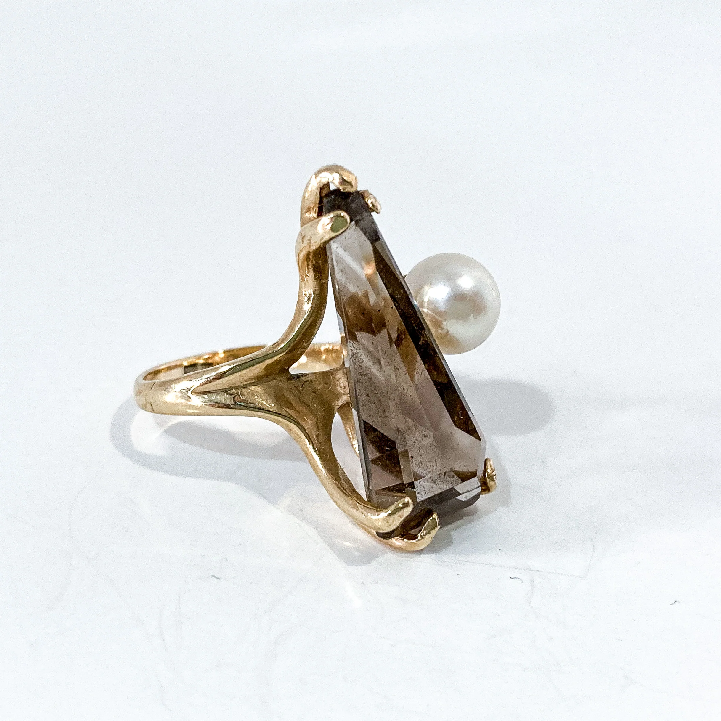 Vintage MCM 14K Yellow Gold Smokey Topaz Cultured Pearl Abstract Ring - Image 17