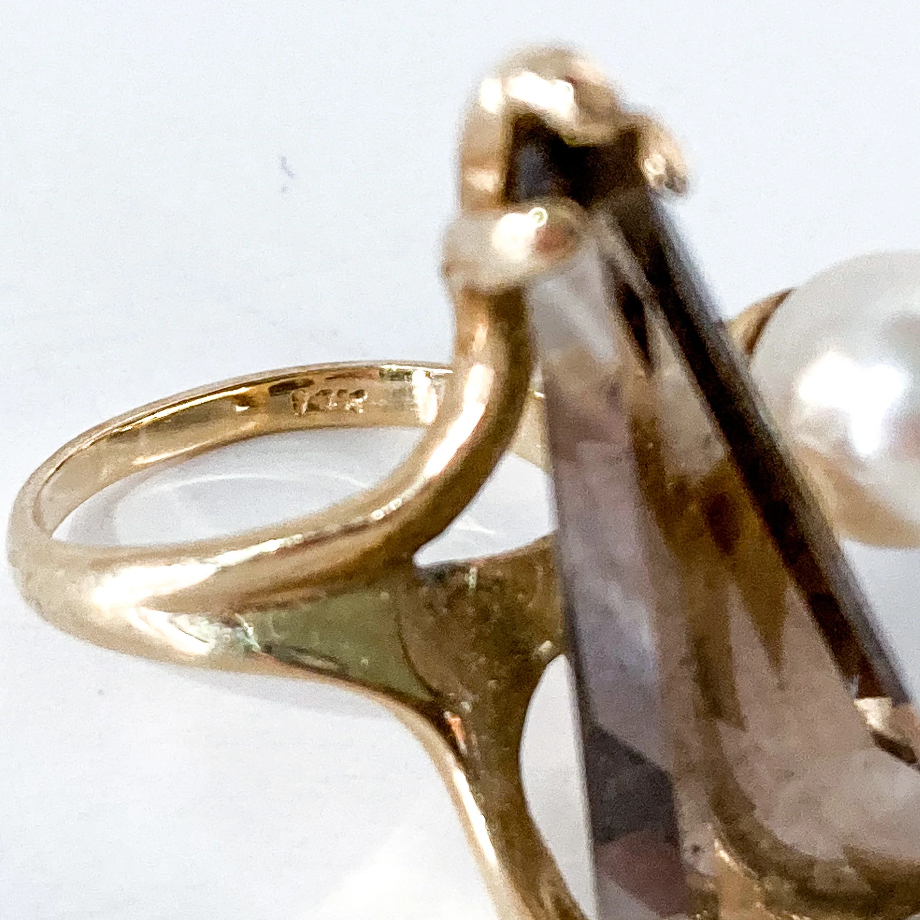 Vintage MCM 14K Yellow Gold Smokey Topaz Cultured Pearl Abstract Ring - Image 18