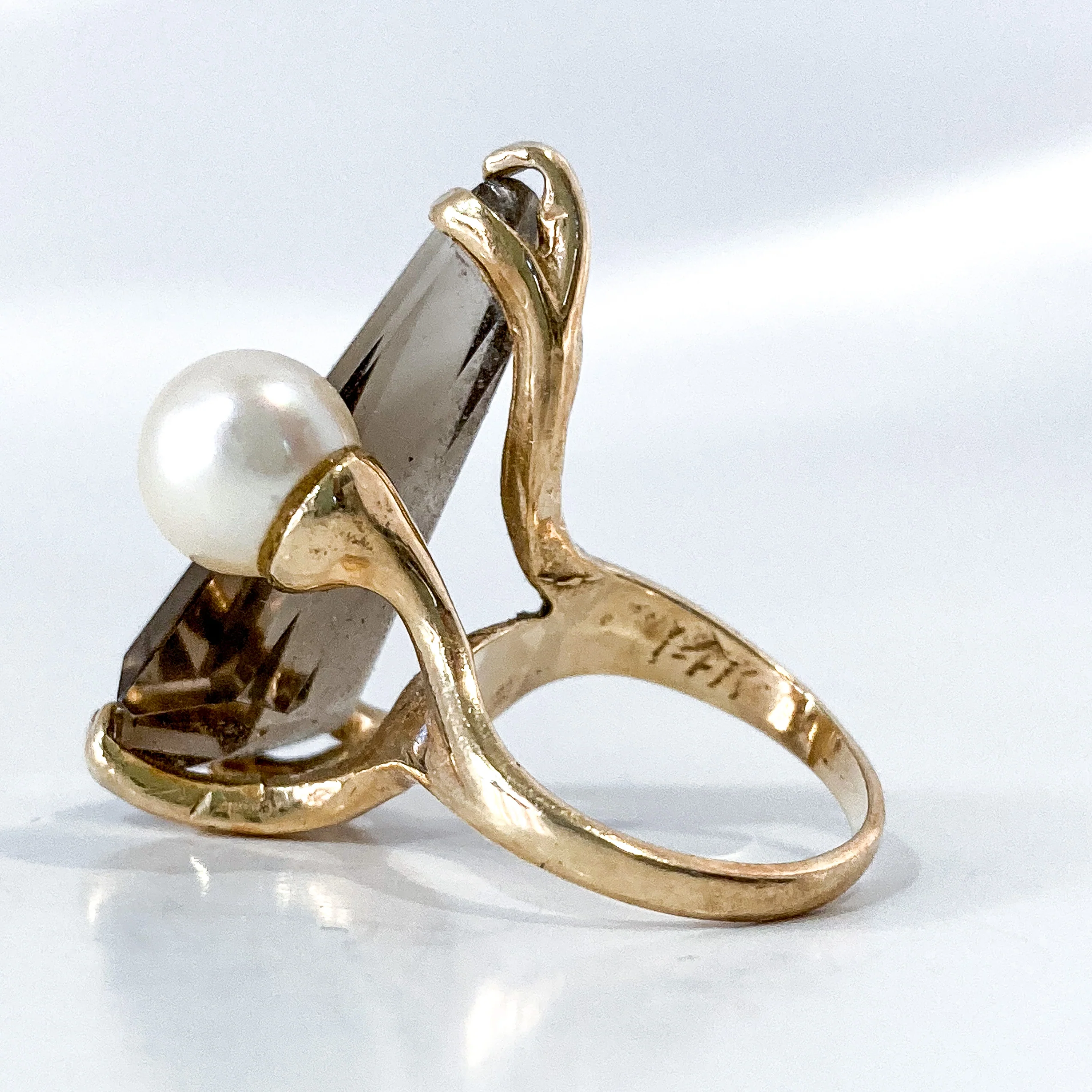 Vintage MCM 14K Yellow Gold Smokey Topaz Cultured Pearl Abstract Ring - Image 19