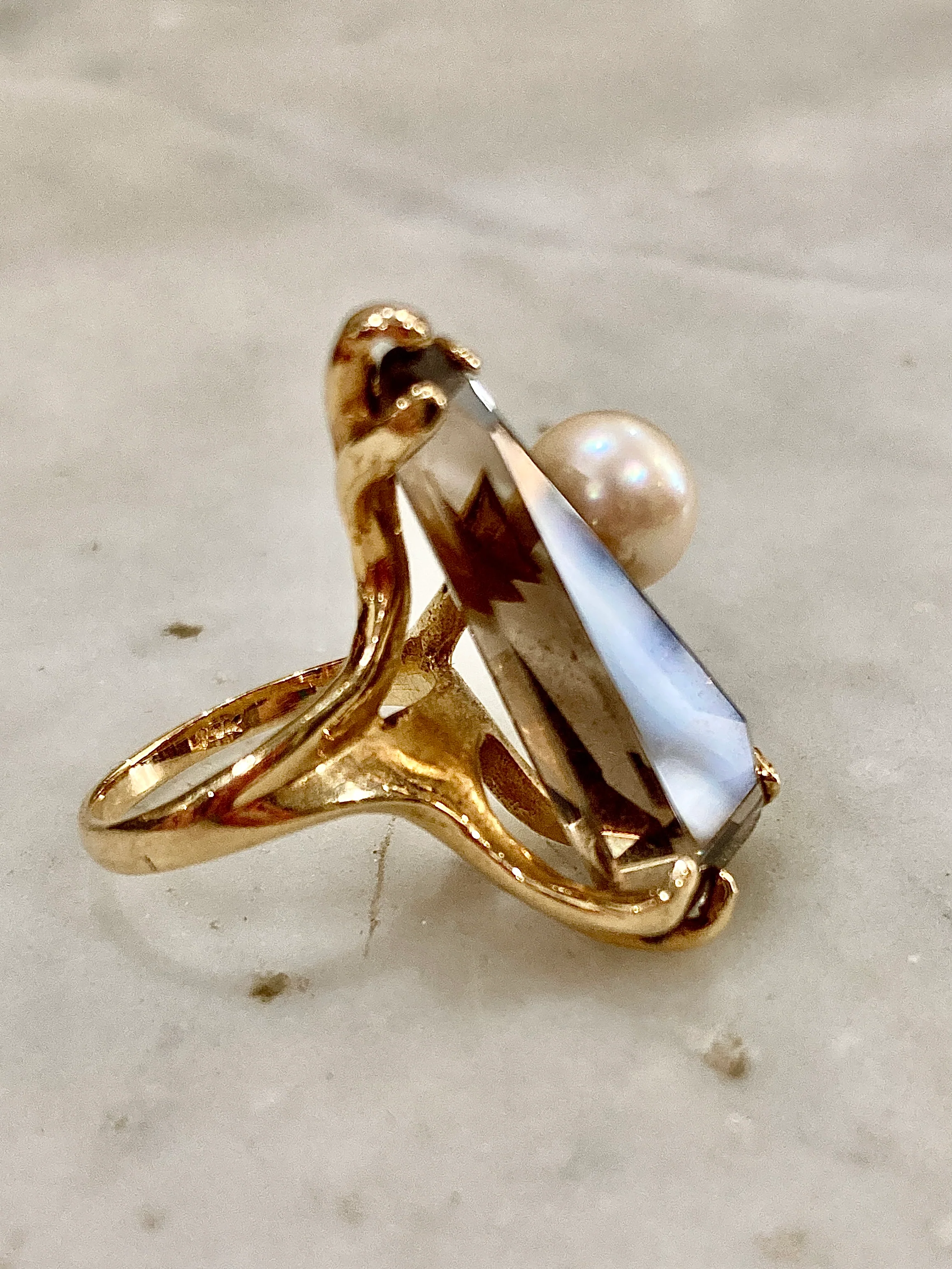 Vintage MCM 14K Yellow Gold Smokey Topaz Cultured Pearl Abstract Ring - Image 5