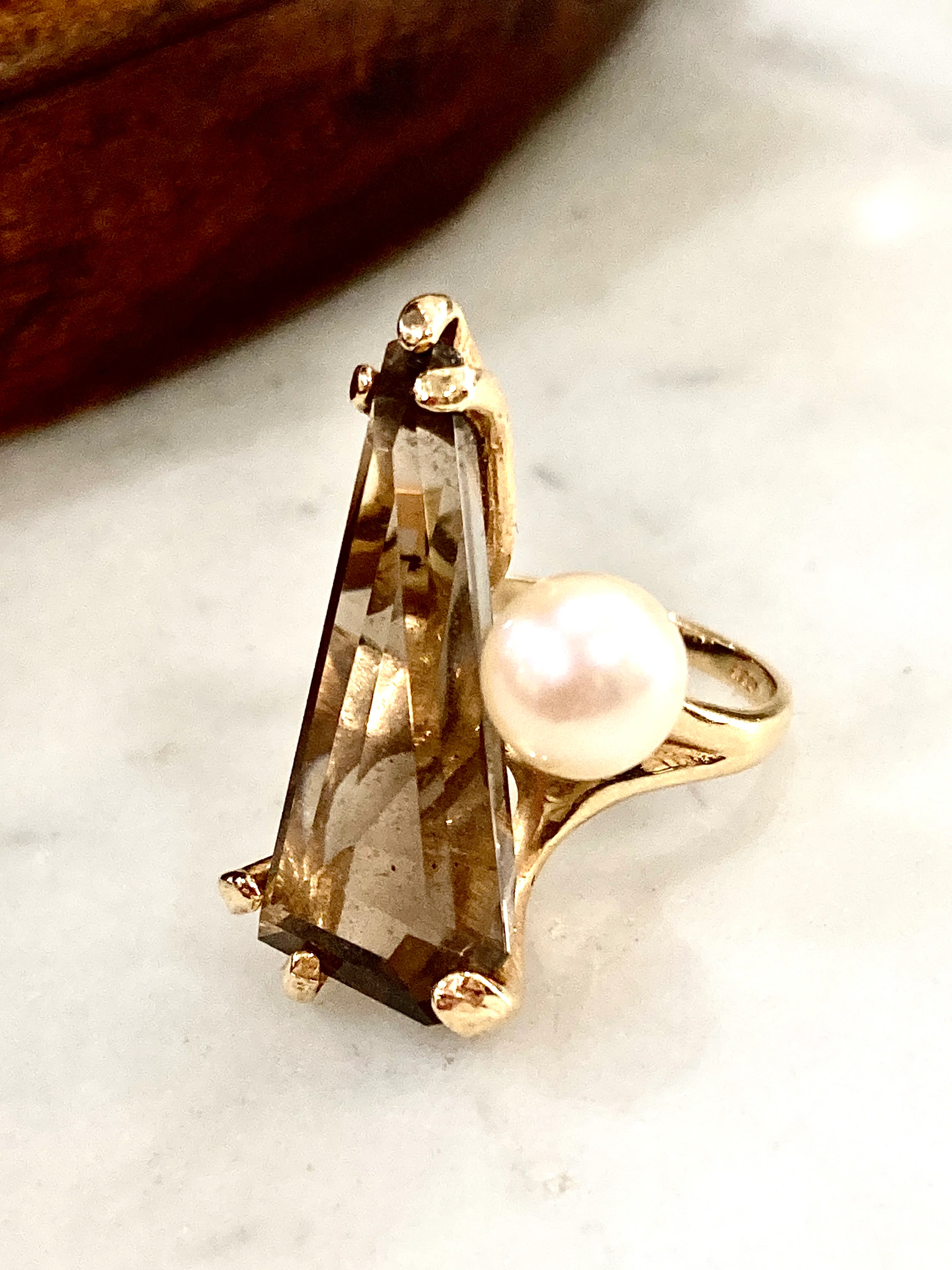 Vintage MCM 14K Yellow Gold Smokey Topaz Cultured Pearl Abstract Ring - Image 6