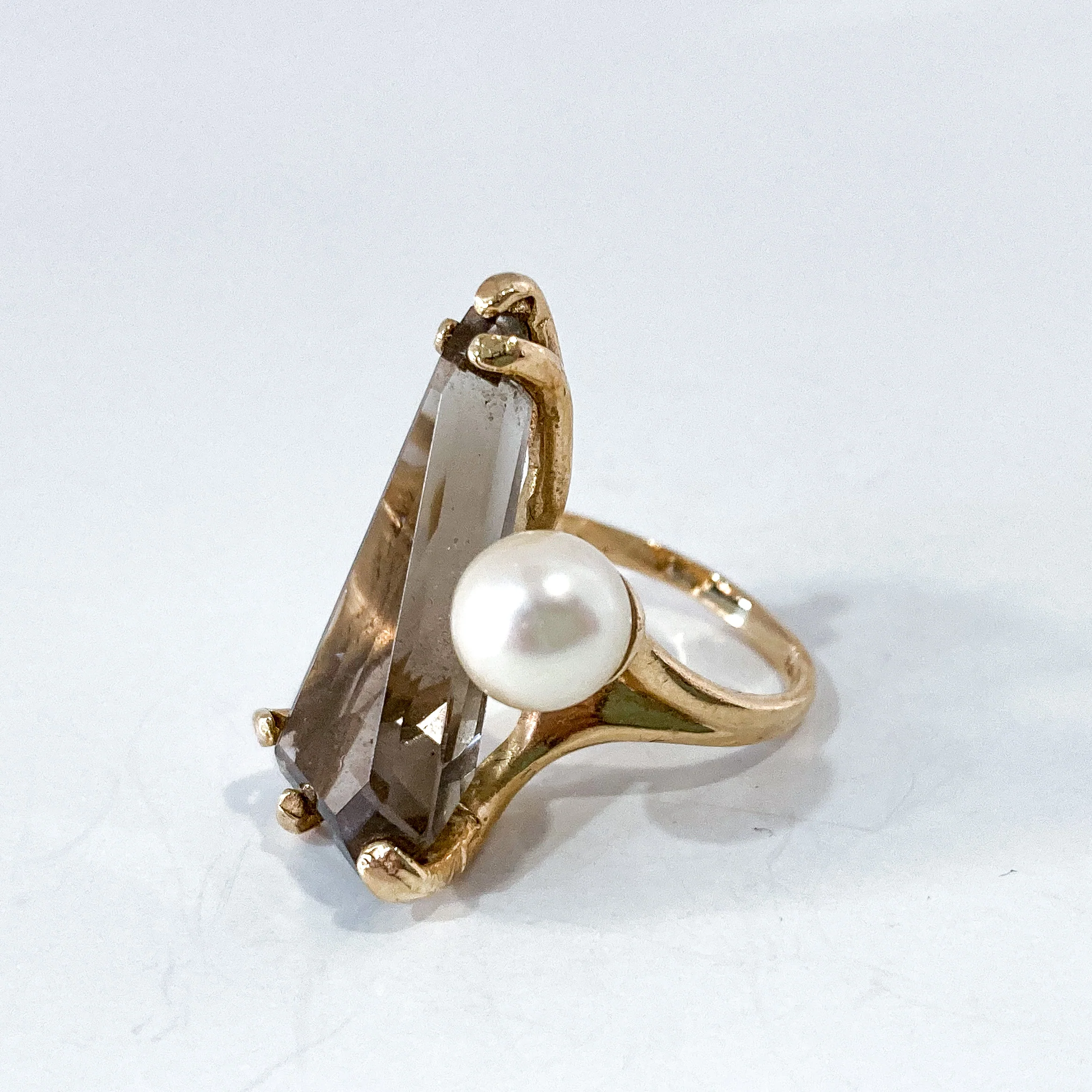 Vintage MCM 14K Yellow Gold Smokey Topaz Cultured Pearl Abstract Ring - Image 8
