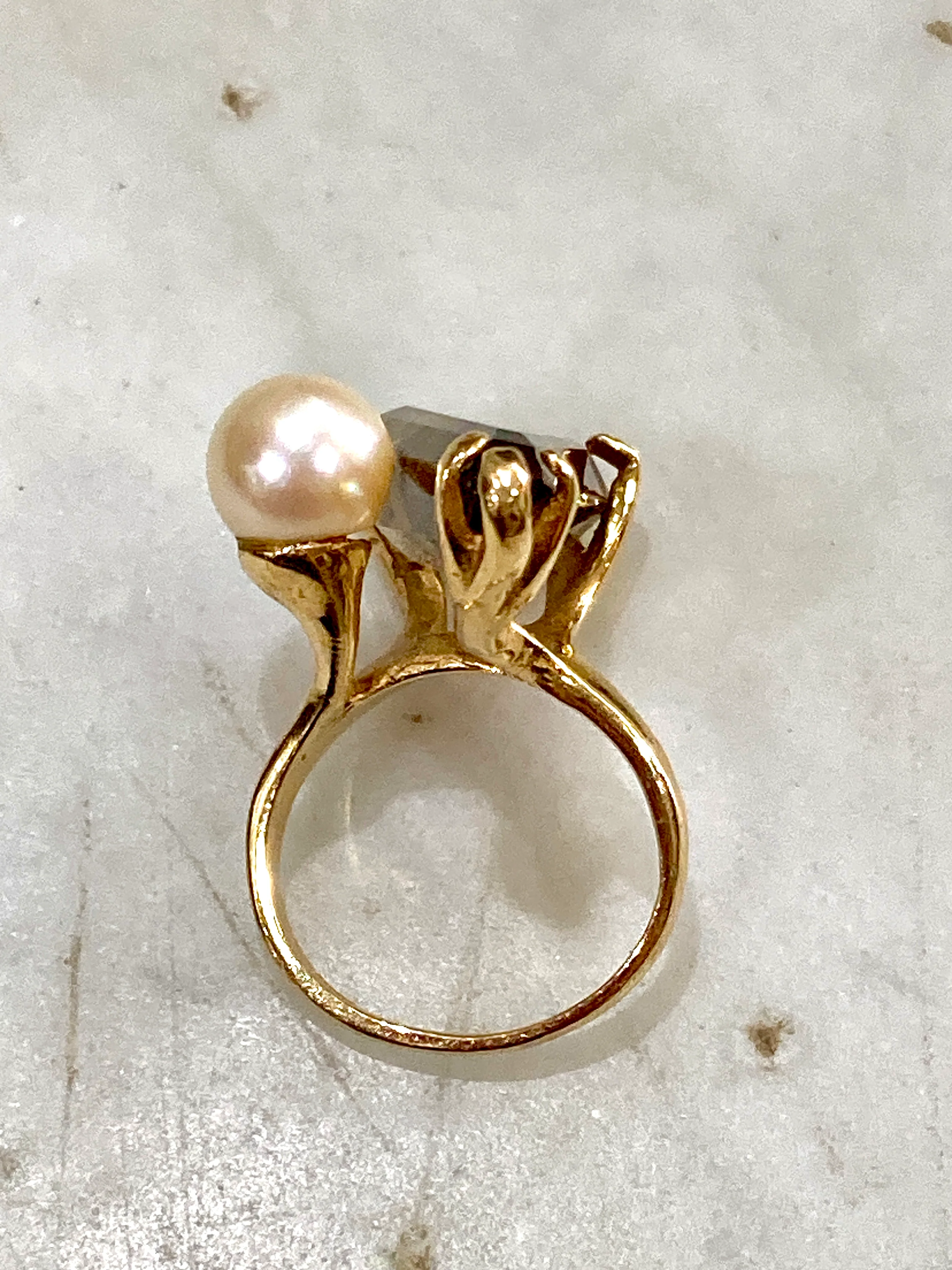 Vintage MCM 14K Yellow Gold Smokey Topaz Cultured Pearl Abstract Ring - Image 9