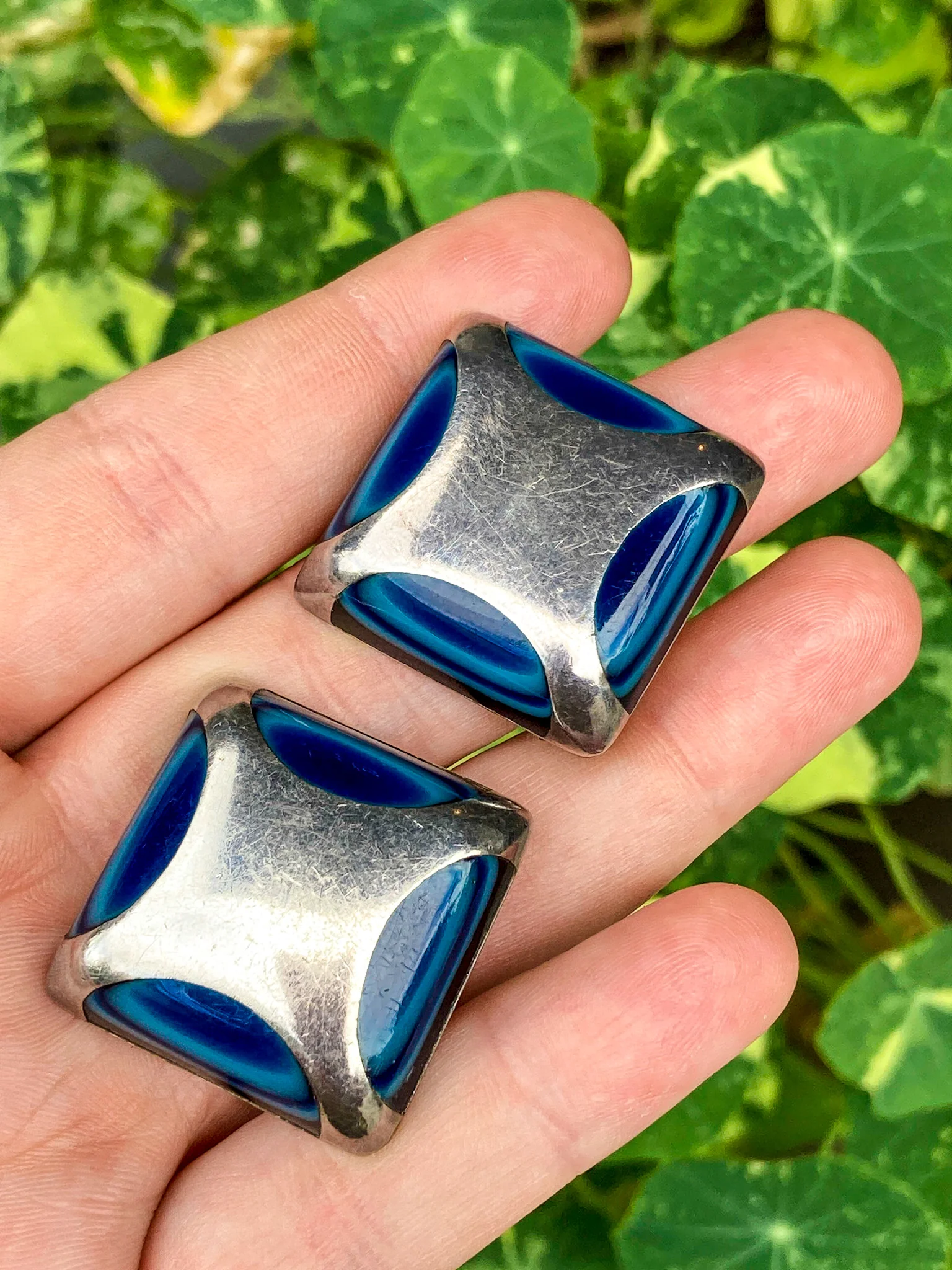 Vintage Mexico Sterling Silver Layered Blue Glass Geometric Clip On Earrings - Image 6