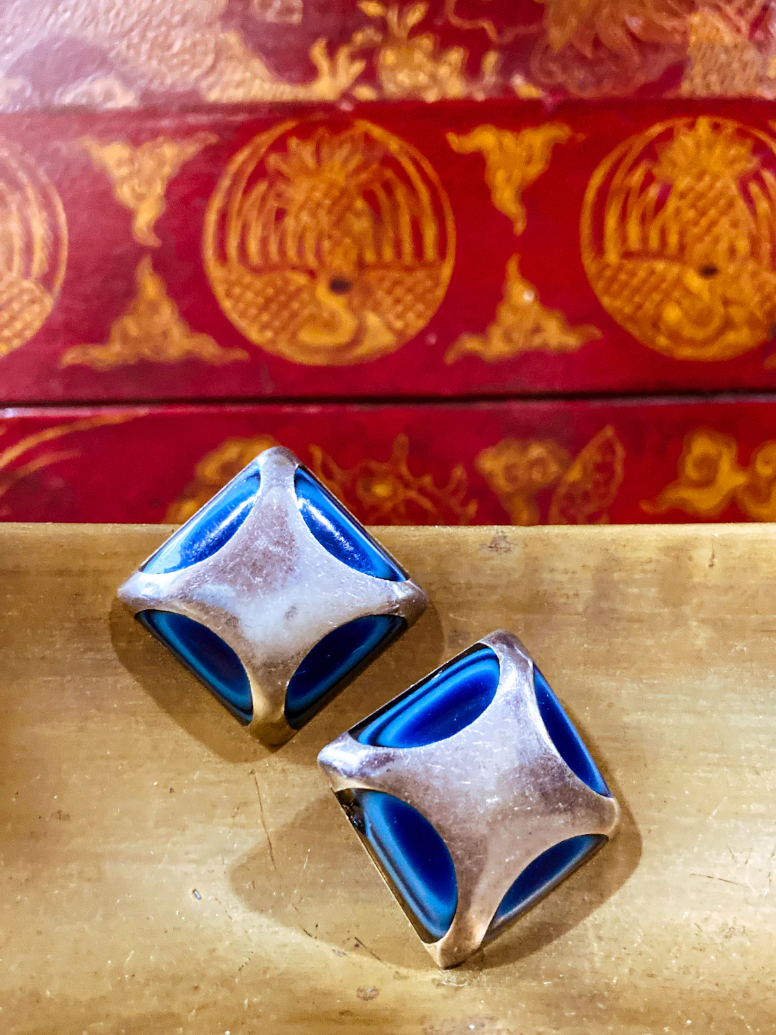 Vintage Mexico Sterling Silver Layered Blue Glass Geometric Clip On Earrings - Image 7