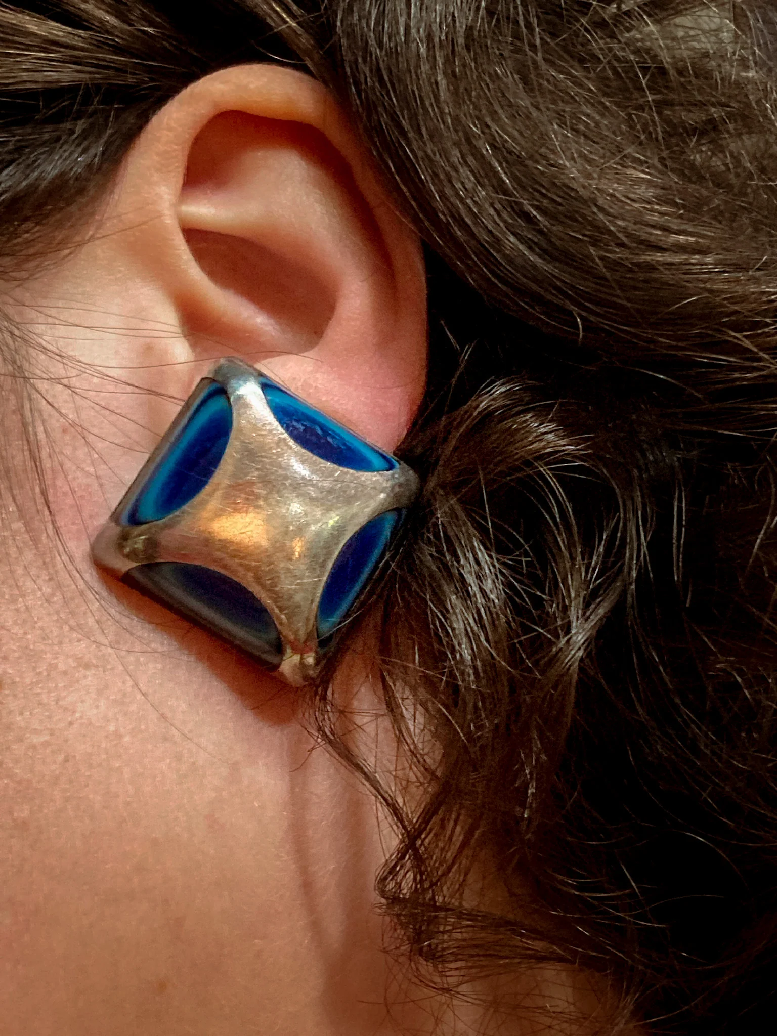 Vintage Mexico Sterling Silver Layered Blue Glass Geometric Clip On Earrings - Image 8