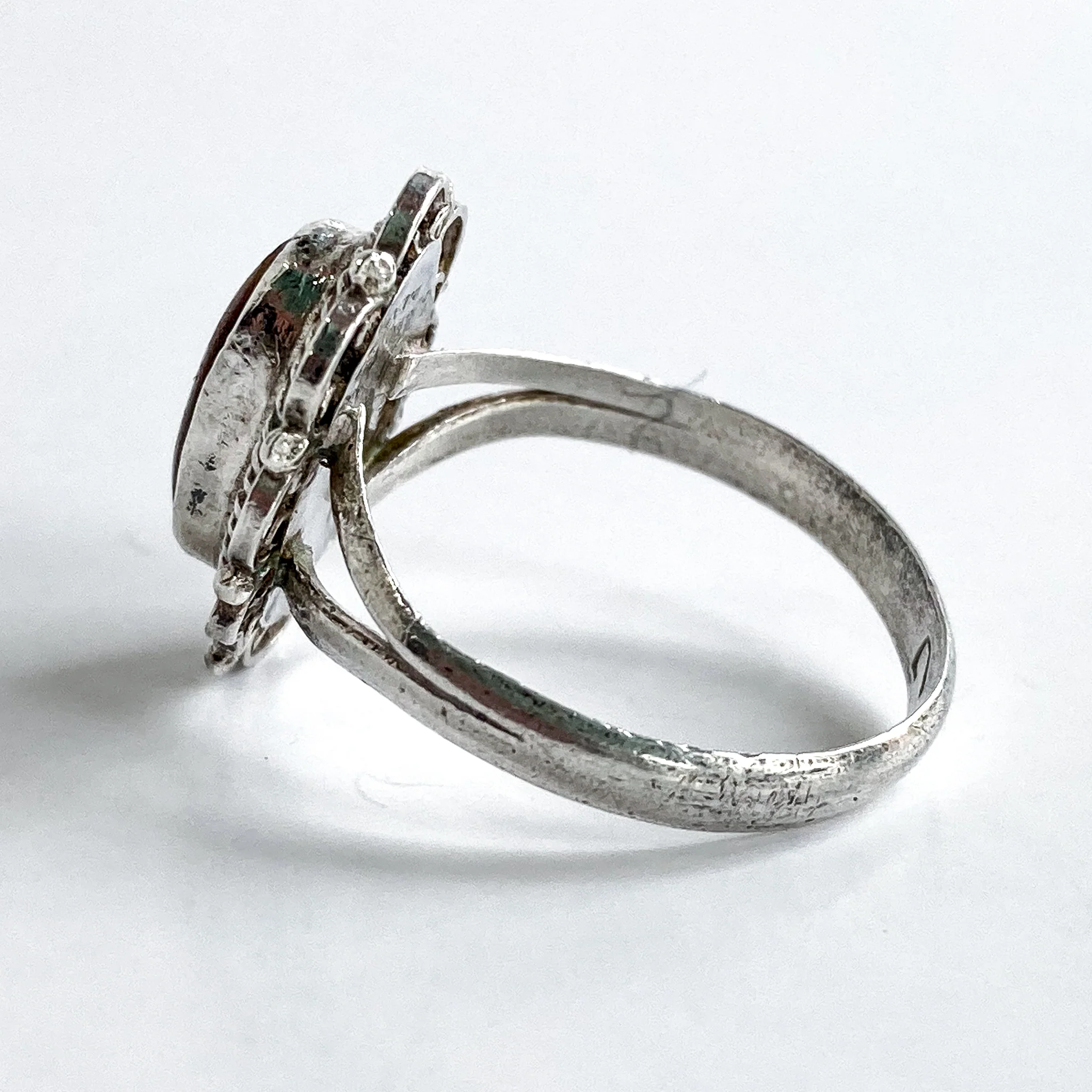 Vintage Mexico Sterling Silver Oval Faux Tiger Eye Wood Filigree Ring - Image 5