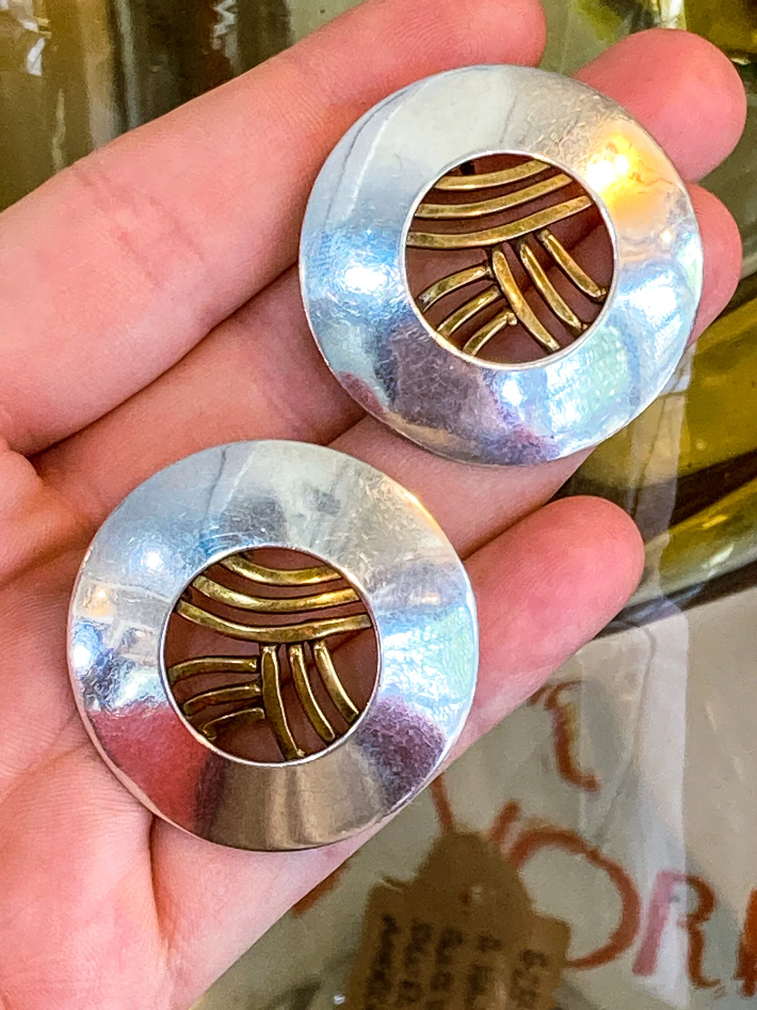 Vintage Sterling Silver Bronze Openwork Contrast Disc Clip On Earrings - Image 3