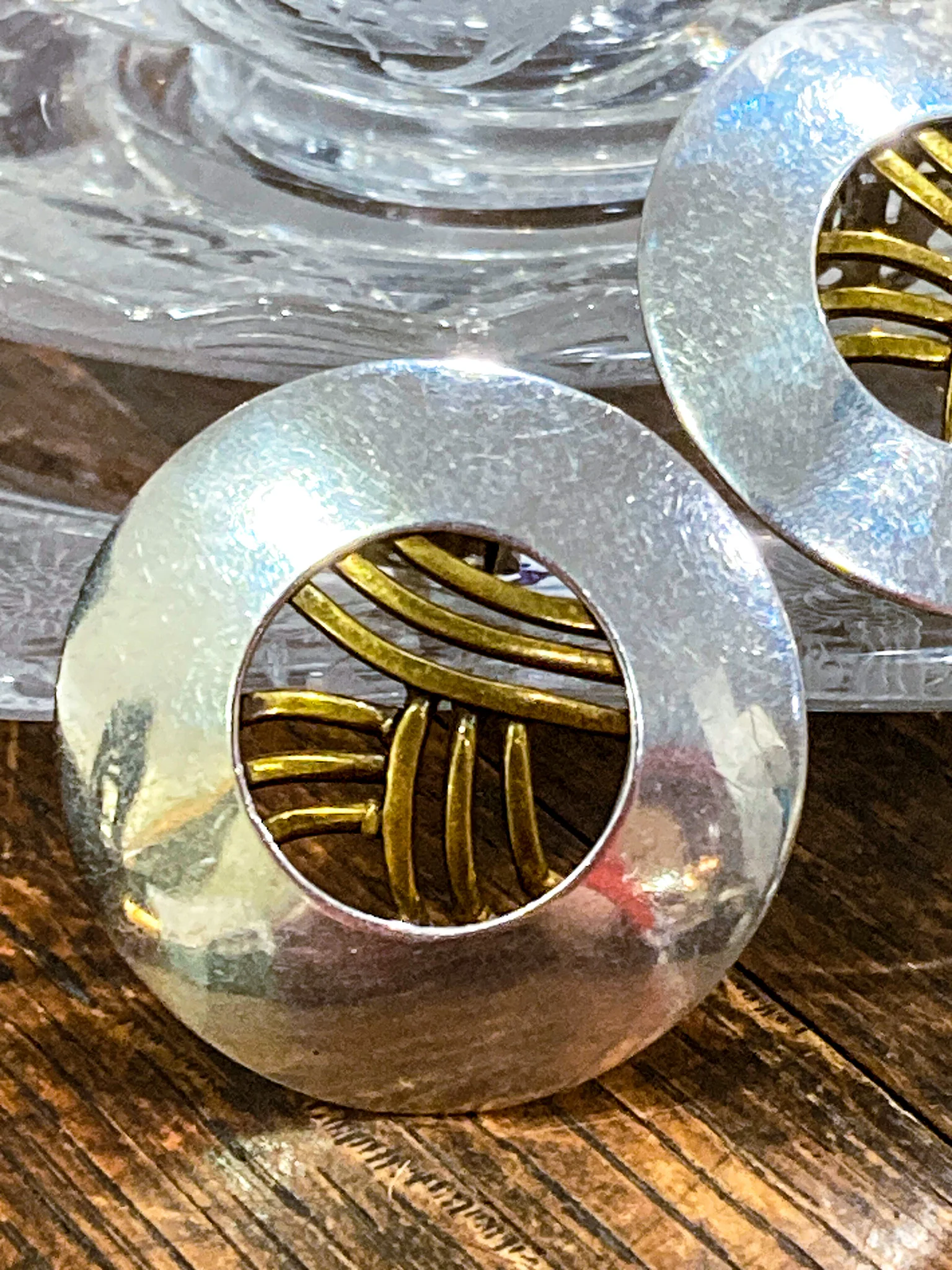 Vintage Sterling Silver Bronze Openwork Contrast Disc Clip On Earrings - Image 5